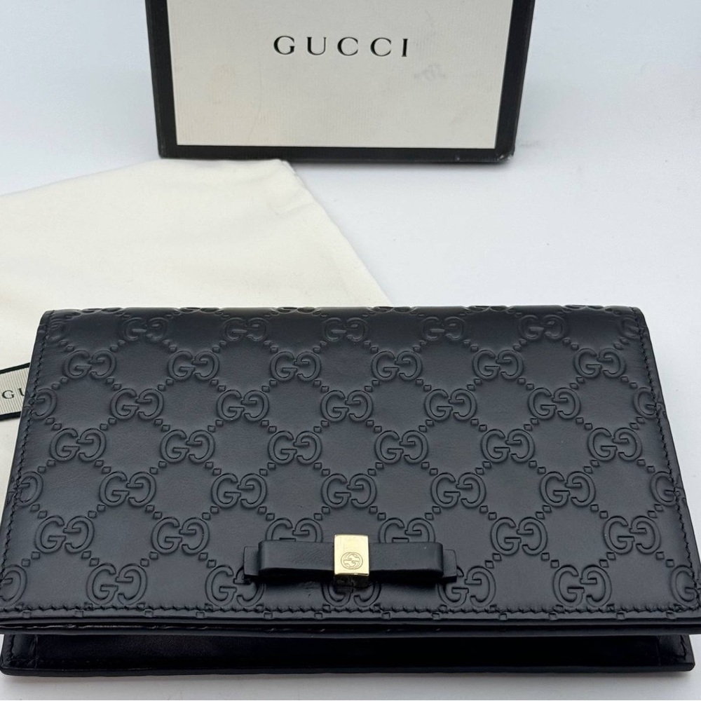 Gucci Wallet Chain Crossbody Shoulder Bag Guccisima Leather Black Gold Box Dust